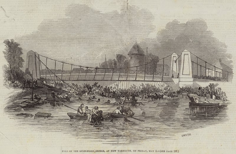 Fall of the Suspension Bridge, i New Yarmouth, fredagen den 2 maj (gravyr) av English School