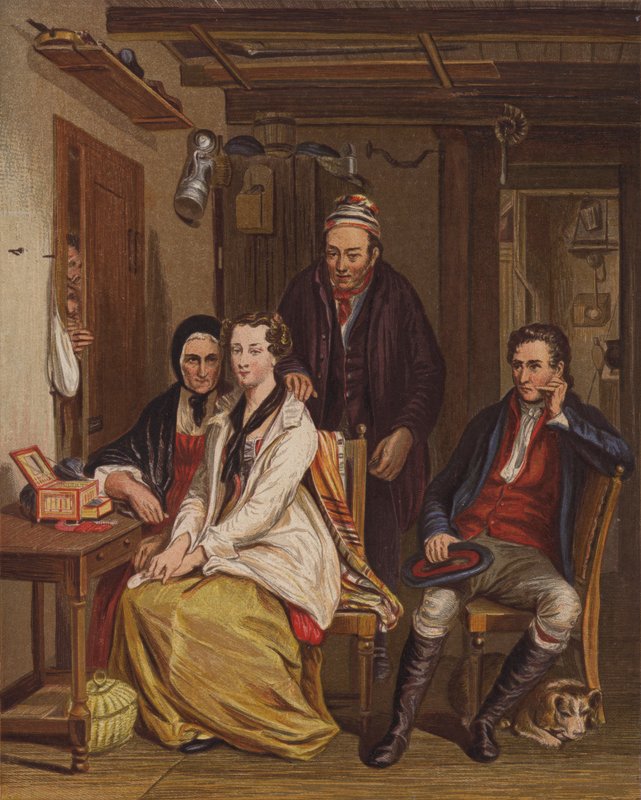 Familj hemma (färg litho) av English School