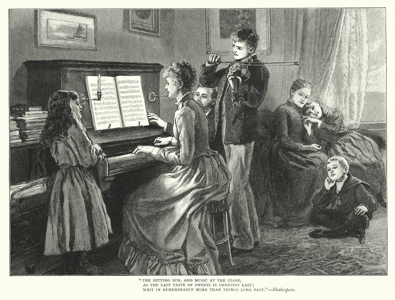 Familj som spelar musik tillsammans (gravyr) av English School