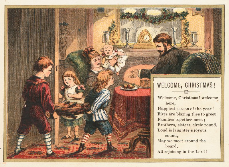 Familj som förbereder sig för jul, julkort av English School