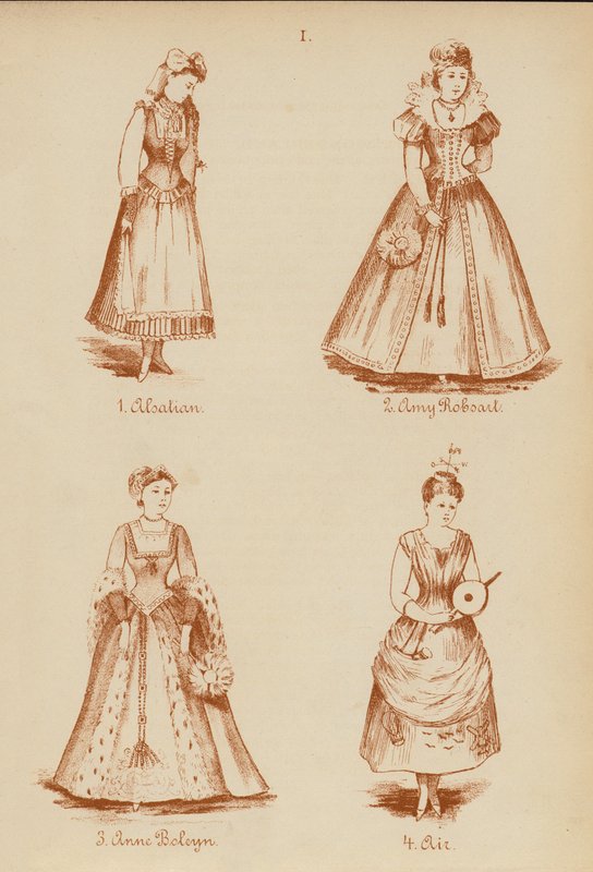 Maskeraddräkter: Alsace, Amy Robsart, Anne Boleyn, Air (litografi) av English School