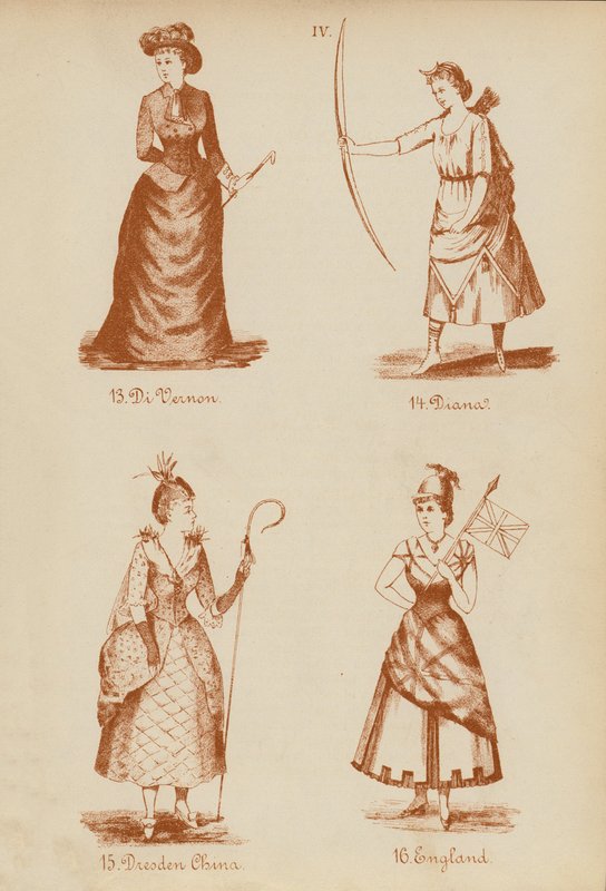 Utklädningsdräkter: Di Vernon, Diana, Dresden Kina, England (litografi) av English School