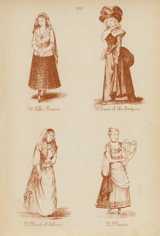 Maskeraddräkter: Effie Deane, Imperiets klänning, Atens jungfru, Musik (litografi) av English School