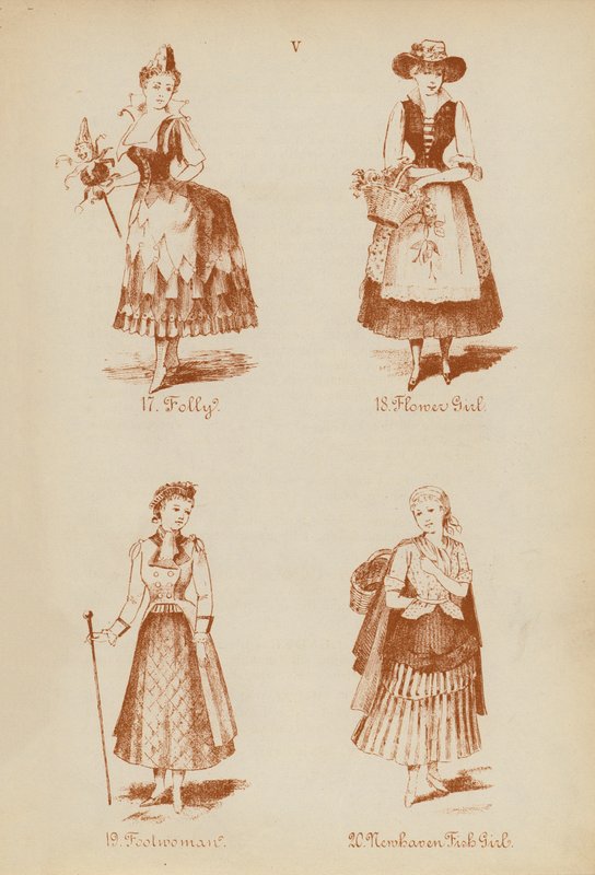 Maskeraddräkter: Folly, Flower Girl, Foolwoman, Newhaven Fish Girl (litografi) av English School