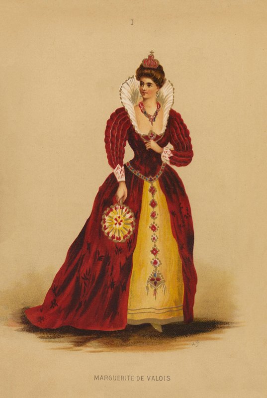 Utklädningskläder: Marguerite De Valois (färglitografi) av English School