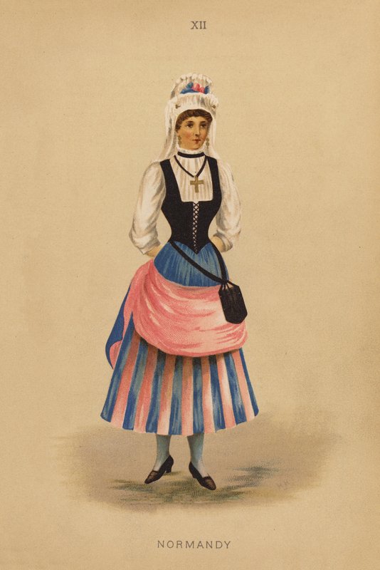 Utklädningsdräkter: Normandie (färglitografi) av English School