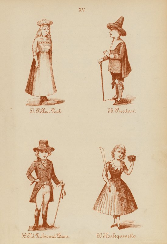 Maskeraddräkter: Pelarstolpe, puritan, gammaldags bönor, harlekinette (litografi) av English School