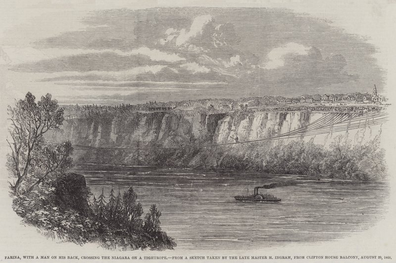 Farina, med en man på ryggen, korsar Niagara på en lina, från Clifton House Balcony, 29 augusti 1860 (gravyr) av English School