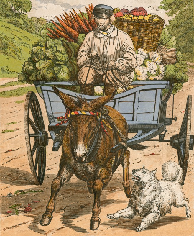 Bonden Grunter går till marknaden vid Hog Snorton (färg litho) av English School