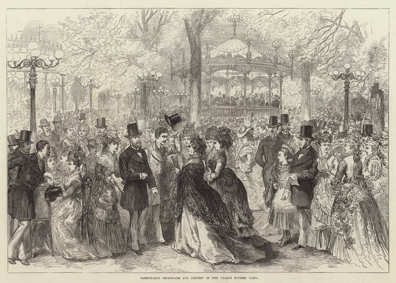 Fashionabla strandpromenad och konsert i Champs Elysees, Paris (gravyr) av English School
