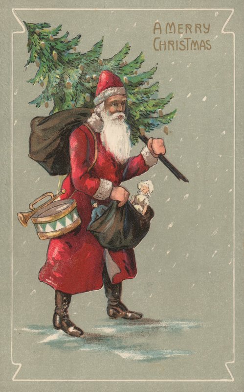 Jultomten bär en säck med leksaker och en julgran av English School