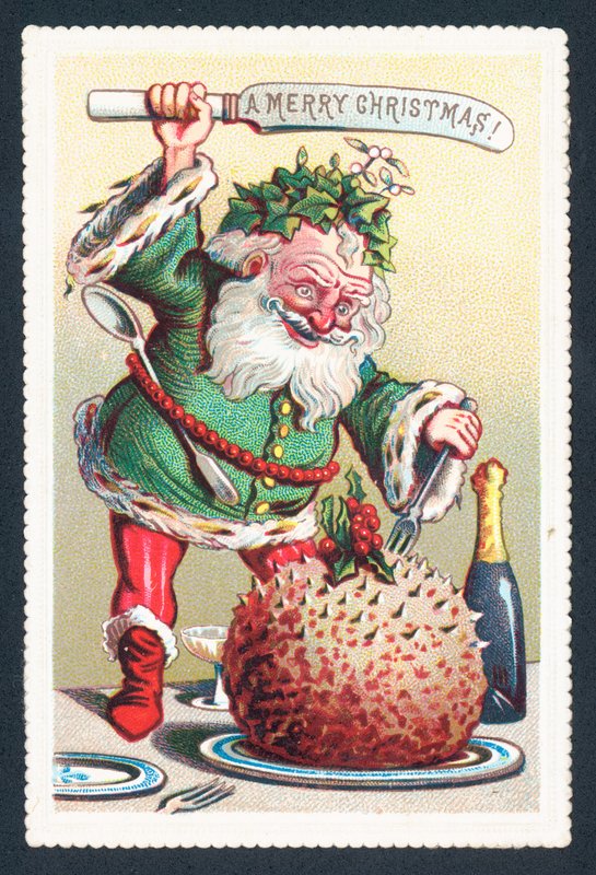 Jultomten skär i plommonpudding, julkort av English School