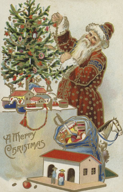 Jultomten dekorerar en julgran av English School
