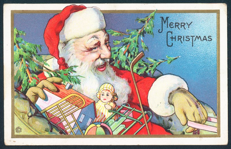 Jultomten levererar leksaker, julkort av English School
