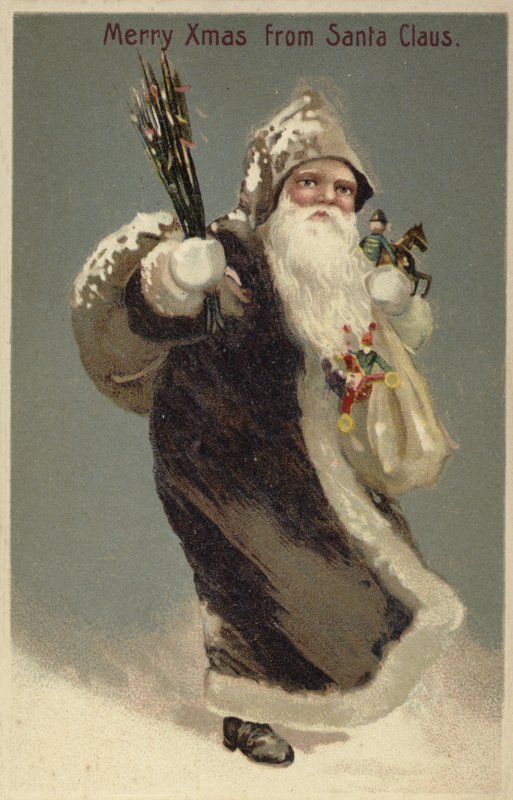 Jultomten i en päls som bär presenter av English School