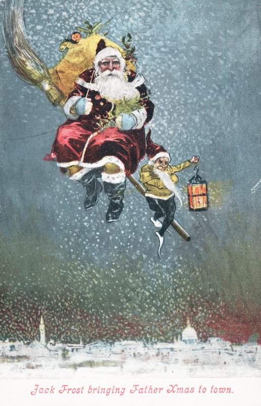 Jultomten på sin kvast, julkort av English School
