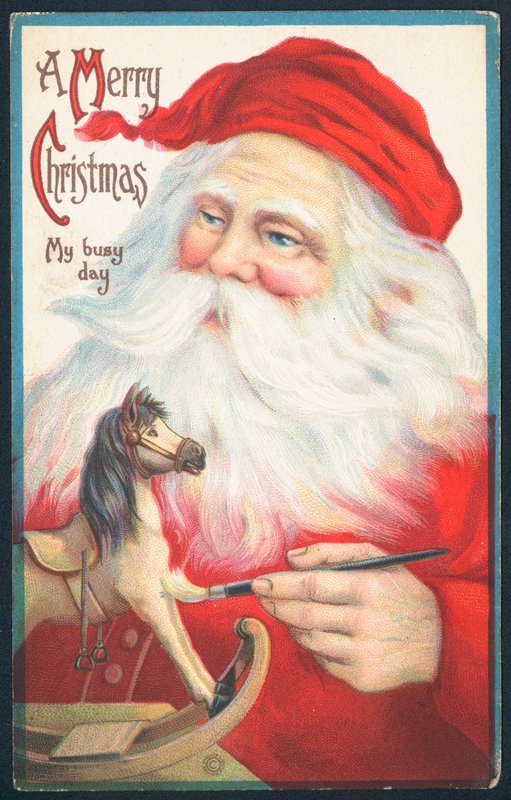 Jultomten målning gunghäst, julkort av English School