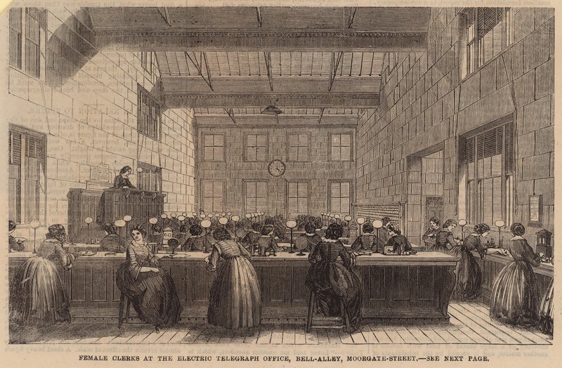 Kvinnliga kontorister på Electric Telegraph office, Bell Alley, Moorgate Street av English School