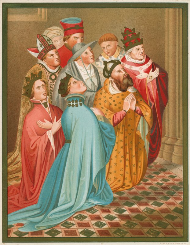Ferdinand I, kung av Arragon, hans drottning, kejsar Sigismund och påven Martin V av English School