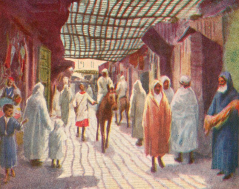Fez, en skuggig gata (färglitografi) av English School
