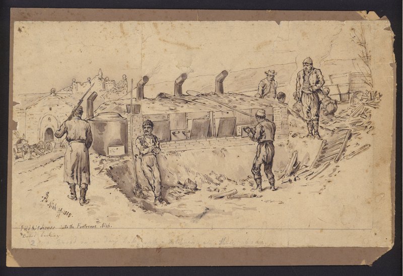 Fältkök in i fästningen Nis, Serbien, Serbo-Bulgariska kriget, 28 november 1885 (ritning) av English School