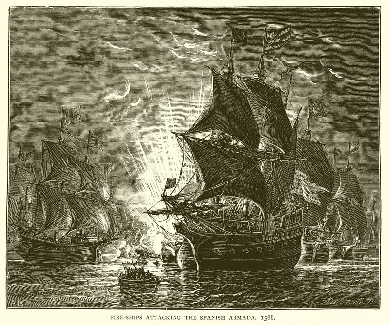 Eldskepp anfaller den spanska armadan, 1588 av English School
