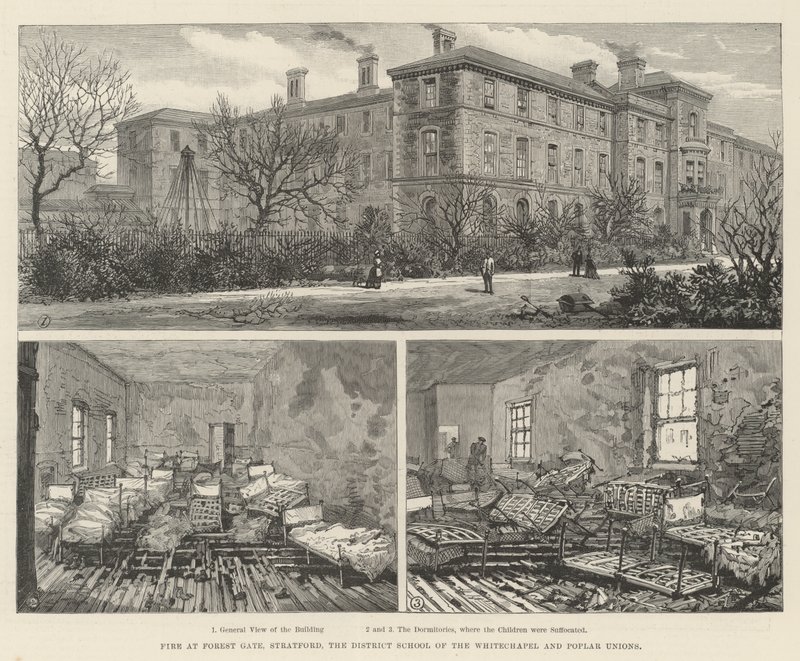 Brand vid Forest Gate, Stratford, District School of the Whitechapel och Poplar Unions (gravyr) av English School