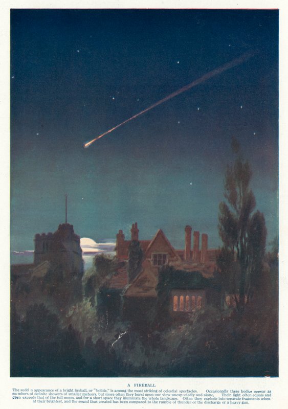 Eldklot orsakat av en stor meteor som kommer in i jordens atmosfär (färg litho) av English School
