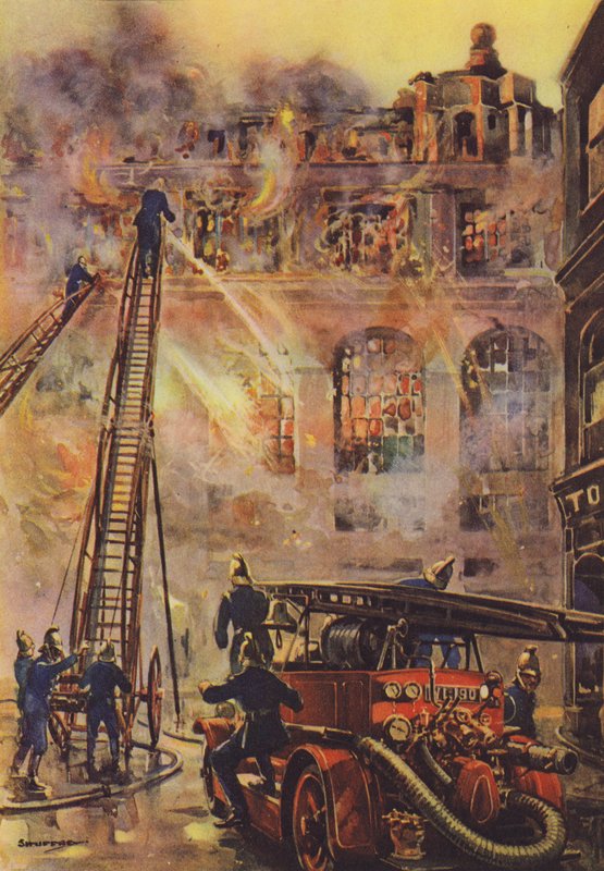 Brandmän som bekämpar en brand på ett stort hotell (färg litho) av English School