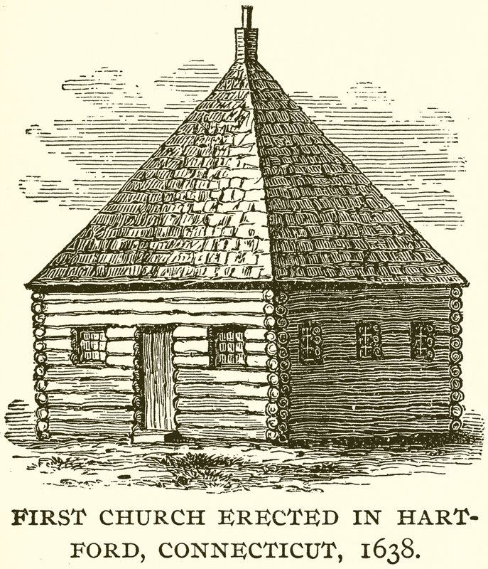 Första kyrkan uppförd i Hart-Ford, Connecticut, 1638 av English School