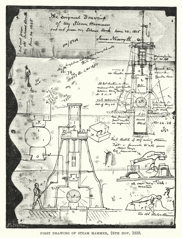 Första teckningen av Steam Hammer, 24 november 1839 (gravyr) av English School
