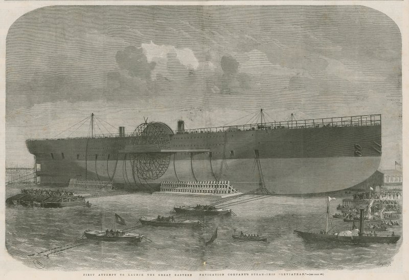 Första försöket att sjösätta Great Eastern Navigation-företagens ångfartyg Leviathan av English School