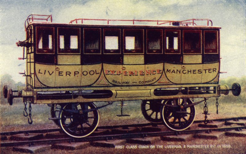 Förstklassig tränare på Liverpool och Manchester Railway 1838 (färg litho) av English School