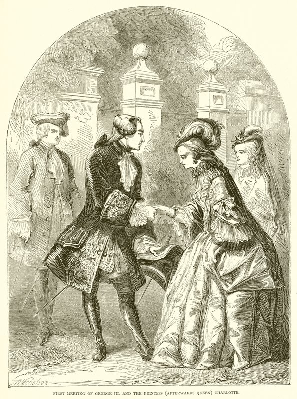 Första mötet med George III. och prinsessan (efteråt drottning) Charlotte av English School