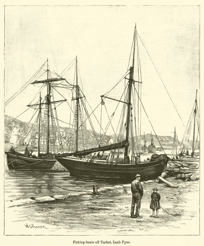 Fiskebåtar utanför Tarbet, Loch Fyne (gravyr) av English School