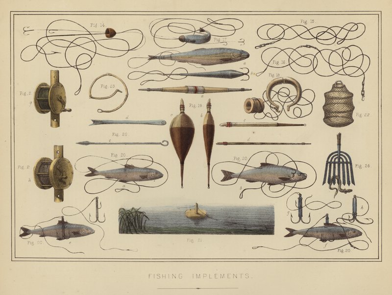 Fiskeredskap (litho i färg) av English School