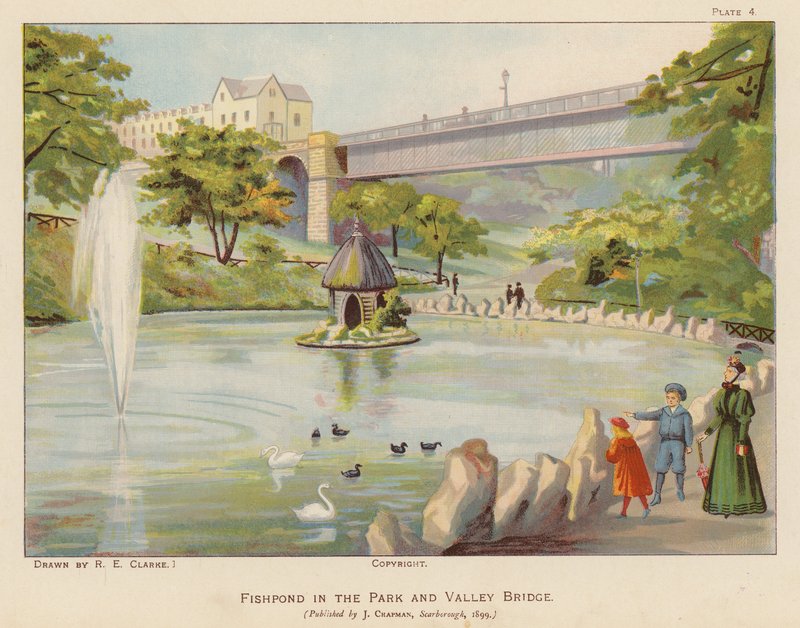 Fiskdamm i parken och Valley Bridge, Scarborough (färglitografi) av English School