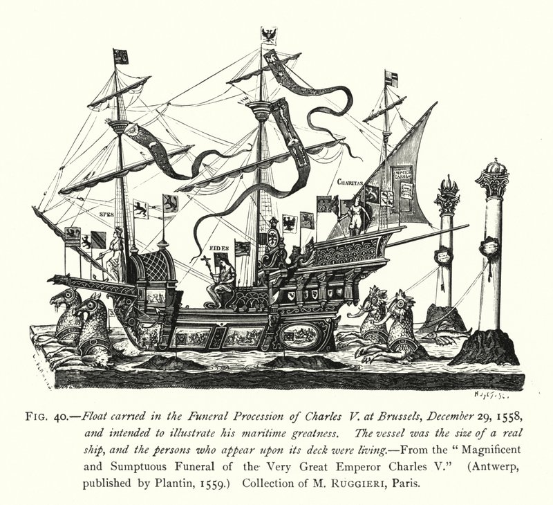 Float buren i Karl V:s begravningsprocession i Bryssel den 29 december 1558 och avsedd att illustrera hans maritima storhet (gravyr) av English School