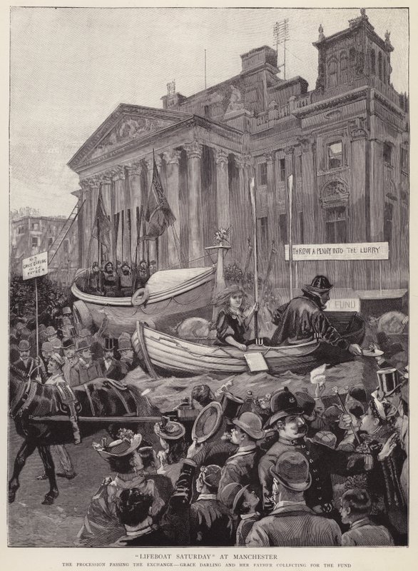 Float samlar in pengar till Royal National Lifeboat Institution som passerar börsen i Manchester av English School