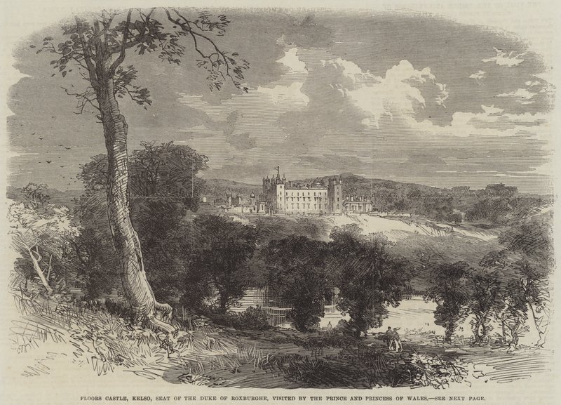 Floors Castle, Kelso, säte för hertigen av Roxburghe, besökt av prinsen och prinsessan av Wales (gravyr) av English School