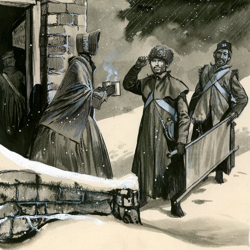 Florence Nightingale hälsar soldater i snön av English School