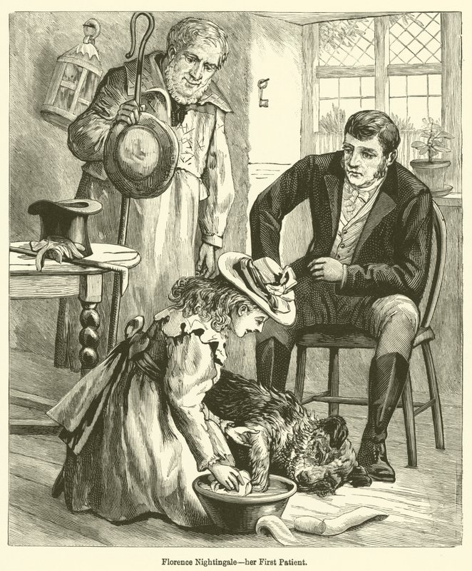 Florence Nightingale, hennes första patient (gravyr) av English School