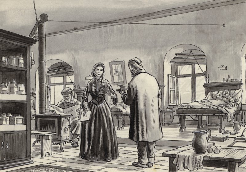 Florence Nightingale arbetar på sjukhuset i Scutari (gouache på papper) av English School