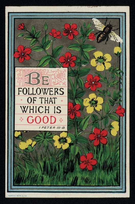 Blommor med en bibelvers från 1 Peter 3:13, hälsningskort. (kromolit) av English School