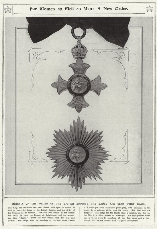 För kvinnor såväl som män, en ny ordning, insignier av det brittiska imperiet, märket och stjärnan, första klass av English School