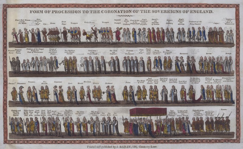 Form av procession till kröningen av Englands suveräner (färgat träsnitt) av English School
