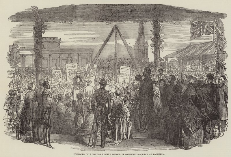 Grundandet av en Hindoo Female School i Cornwallis-Square i Calcutta (gravyr) av English School