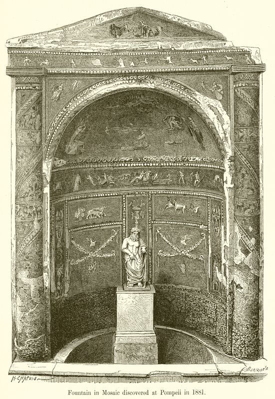 Fontän i mosaik upptäckt i Pompeji 1881 av English School