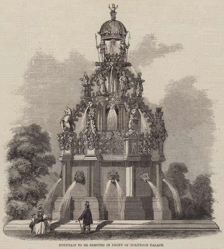 Fontän som ska resas framför Holyrood Palace (gravyr) av English School
