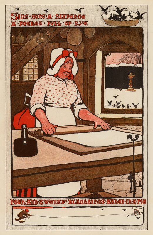 Fyra och tjugo koltrastar bakade i en paj (litho i färg) av English School